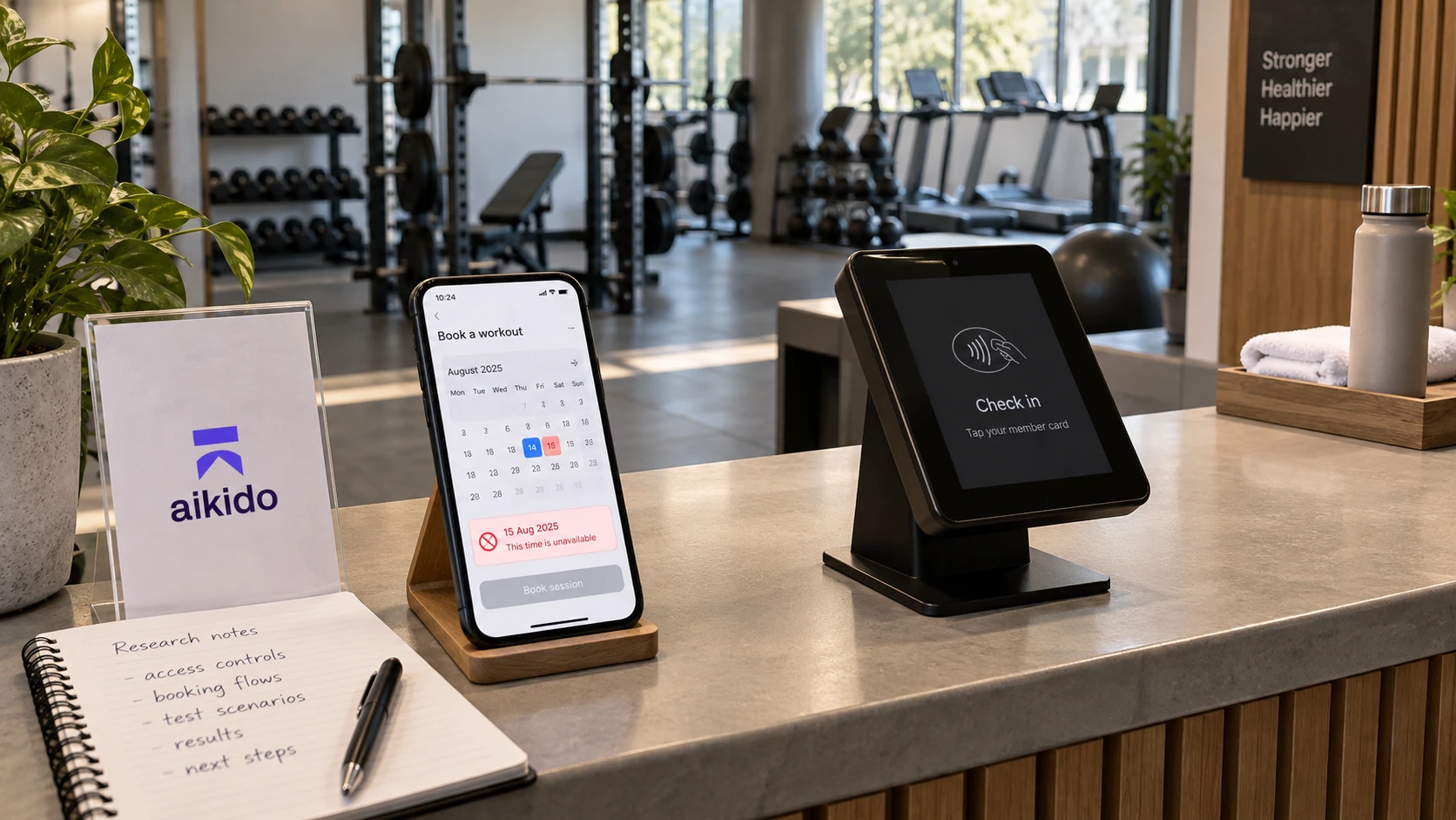 AI-generert illustrasjon: Mobil med treningsbestilling og innsjekkingsterminal ved siden av et Aikido-notat.