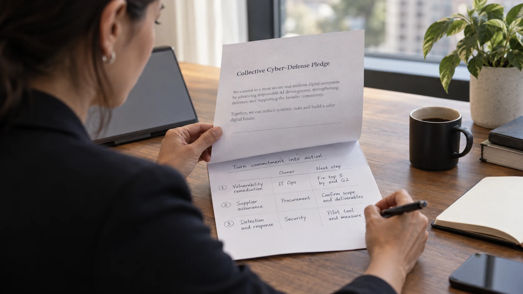 AI-generated illustration: Security lead turning a pledge into actions and owners.