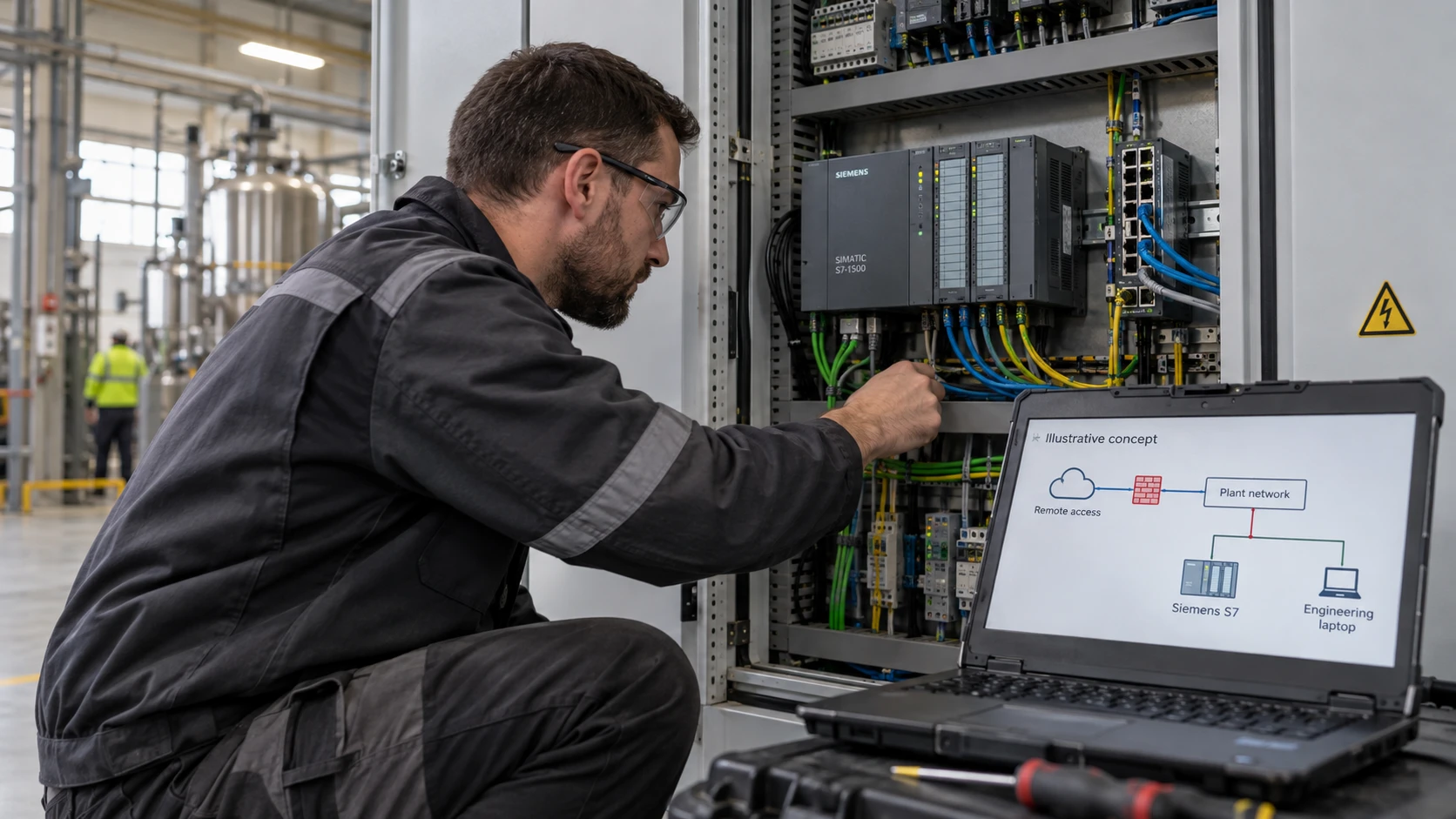 AI-generert illustrasjon: Tekniker undersøker et Siemens-styreskap og nettverksgrenser.
