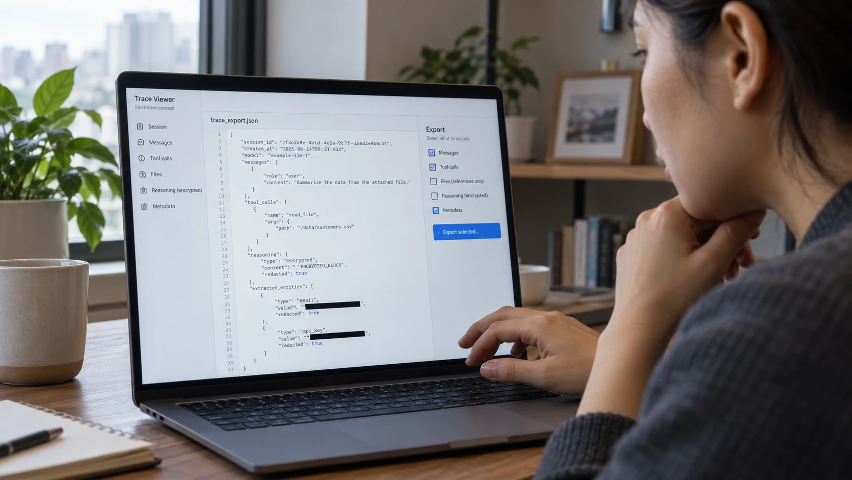 AI-generated illustration: Analyst reviewing redacted data in an exported AI trace.