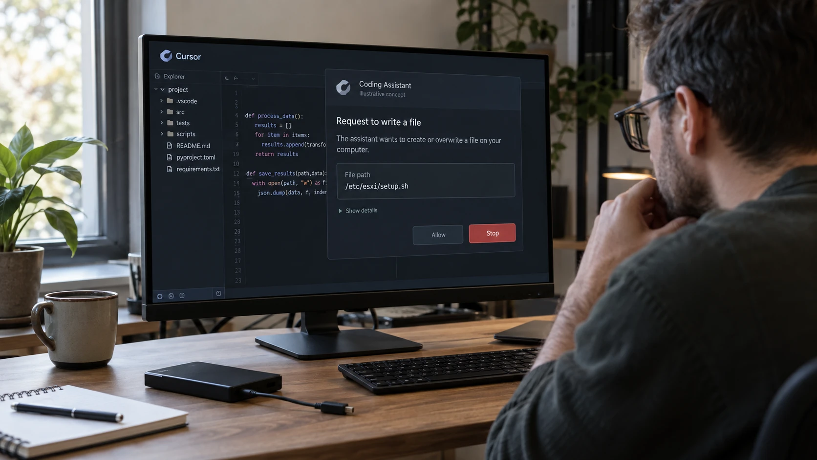 AI-generated illustration: Developer examining an unexpected file-write request from a coding assistant.