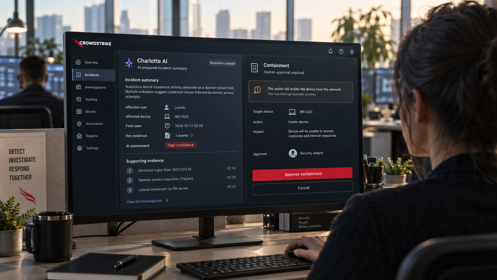 AI-generated illustration: CrowdStrike concept showing an AI incident summary awaiting human approval.
