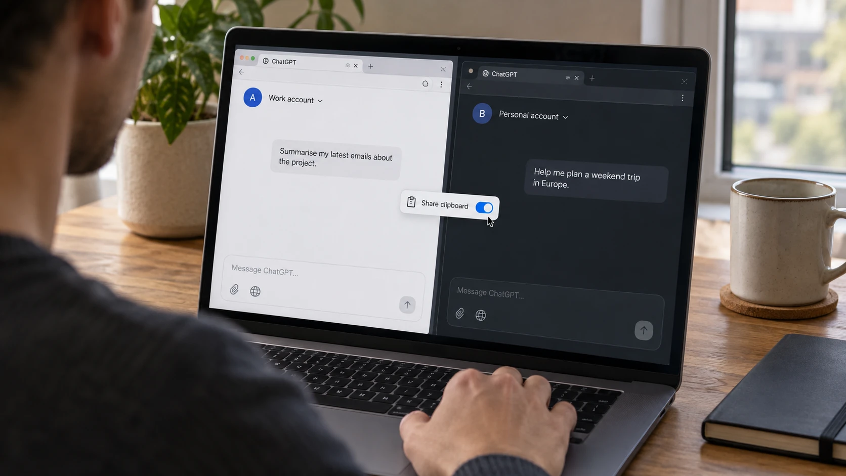 AI-generert illustrasjon: Separate nettleserøkter og en grense for deling av utklippstavlen.