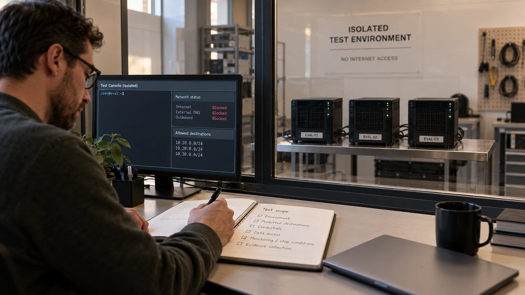 AI-generert illustrasjon: Evaluator dokumenterer omfanget av isolerte testsystemer.