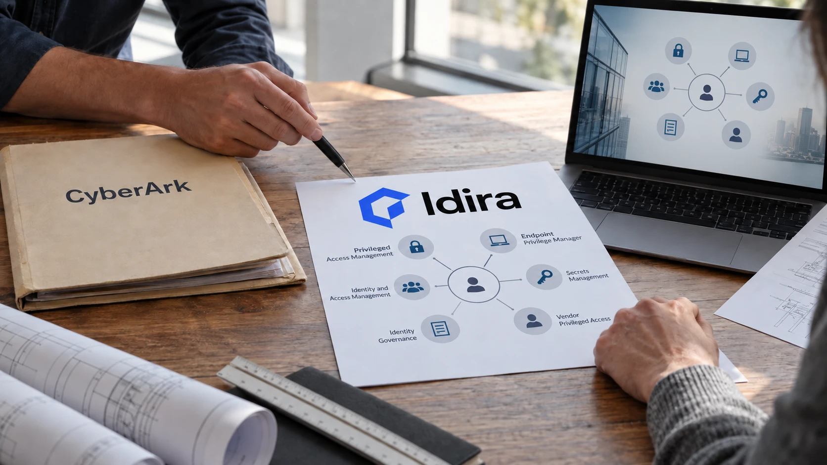 AI-generert illustrasjon: Idira-materiale om identitetsarkitektur ved siden av en CyberArk-mappe.