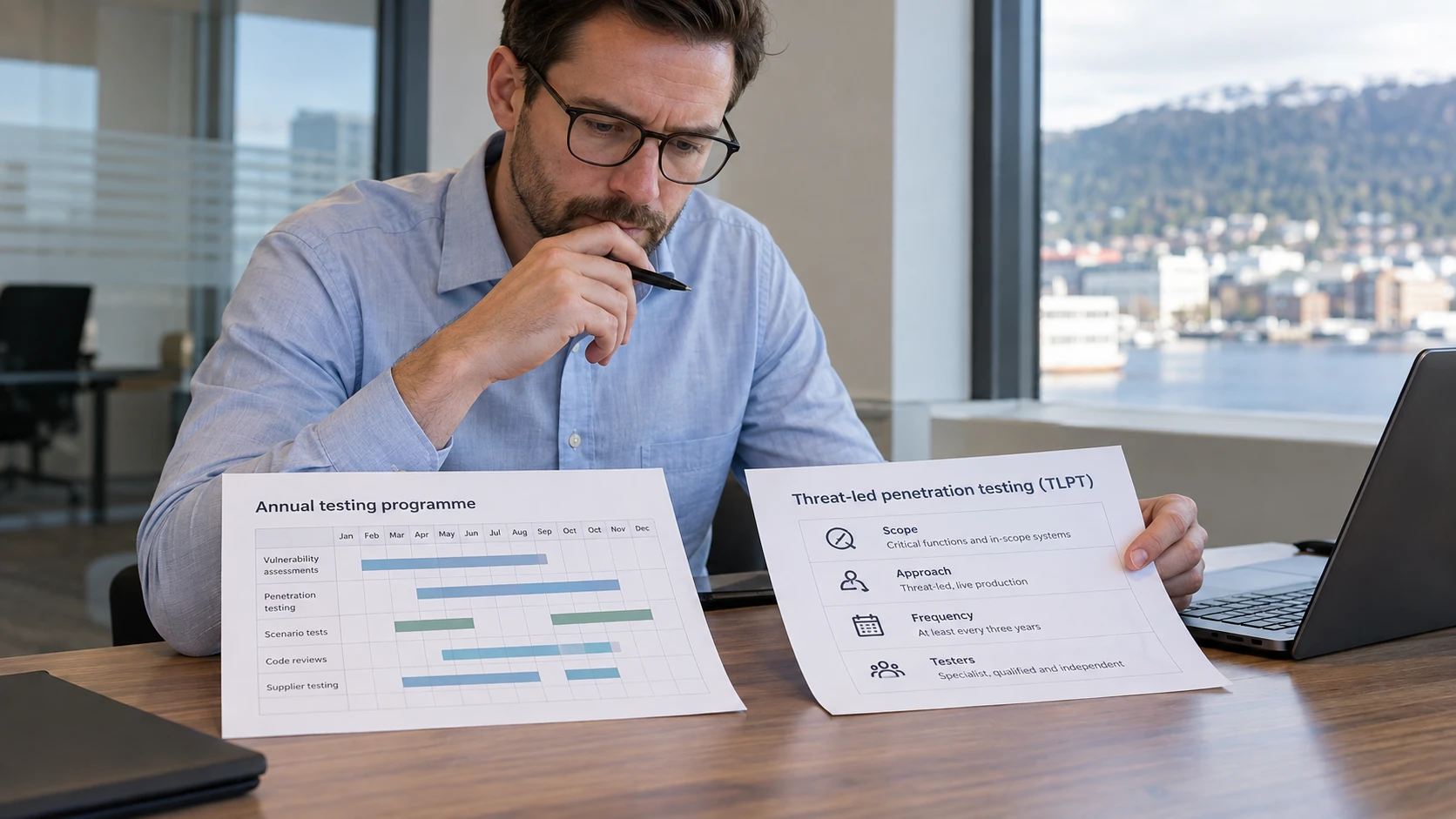 AI-generert illustrasjon: Koordinator sammenligner årlig testing og en øvelse med eget omfang.
