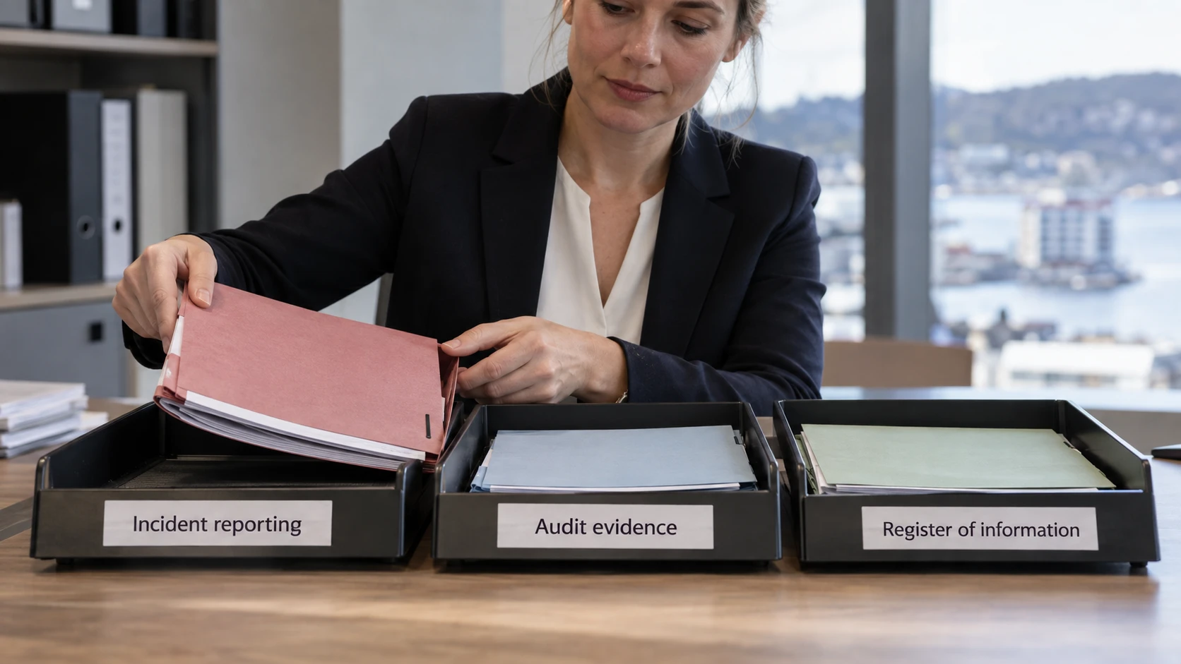 AI-generated illustration: Separate trays for incident reporting, audit evidence and information registers.