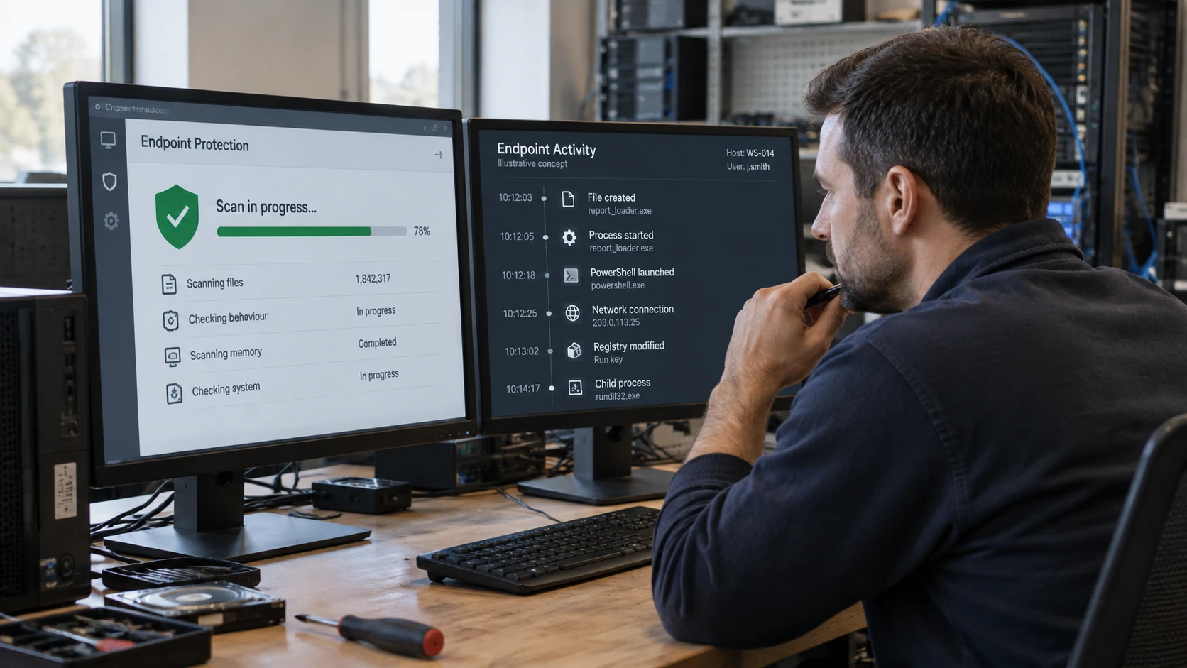 AI-generated illustration: Technician comparing prevention alerts with endpoint activity.