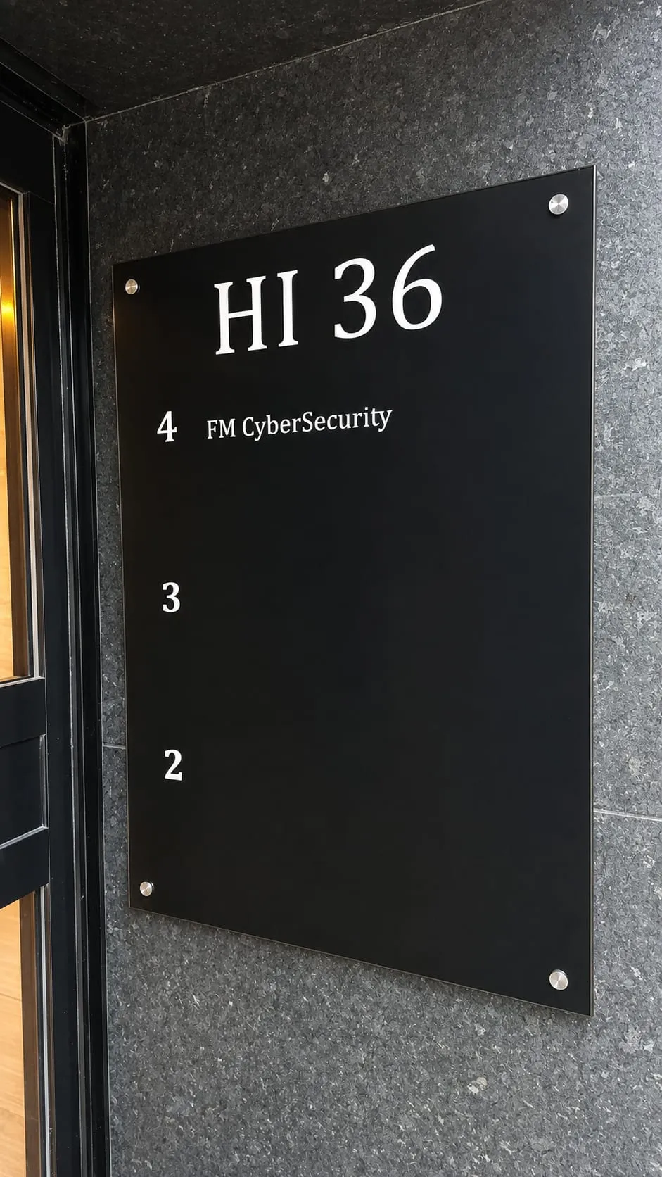The entrance sign at Henrik Ibsens gate 36, FM CyberSecurity on the fourth floor