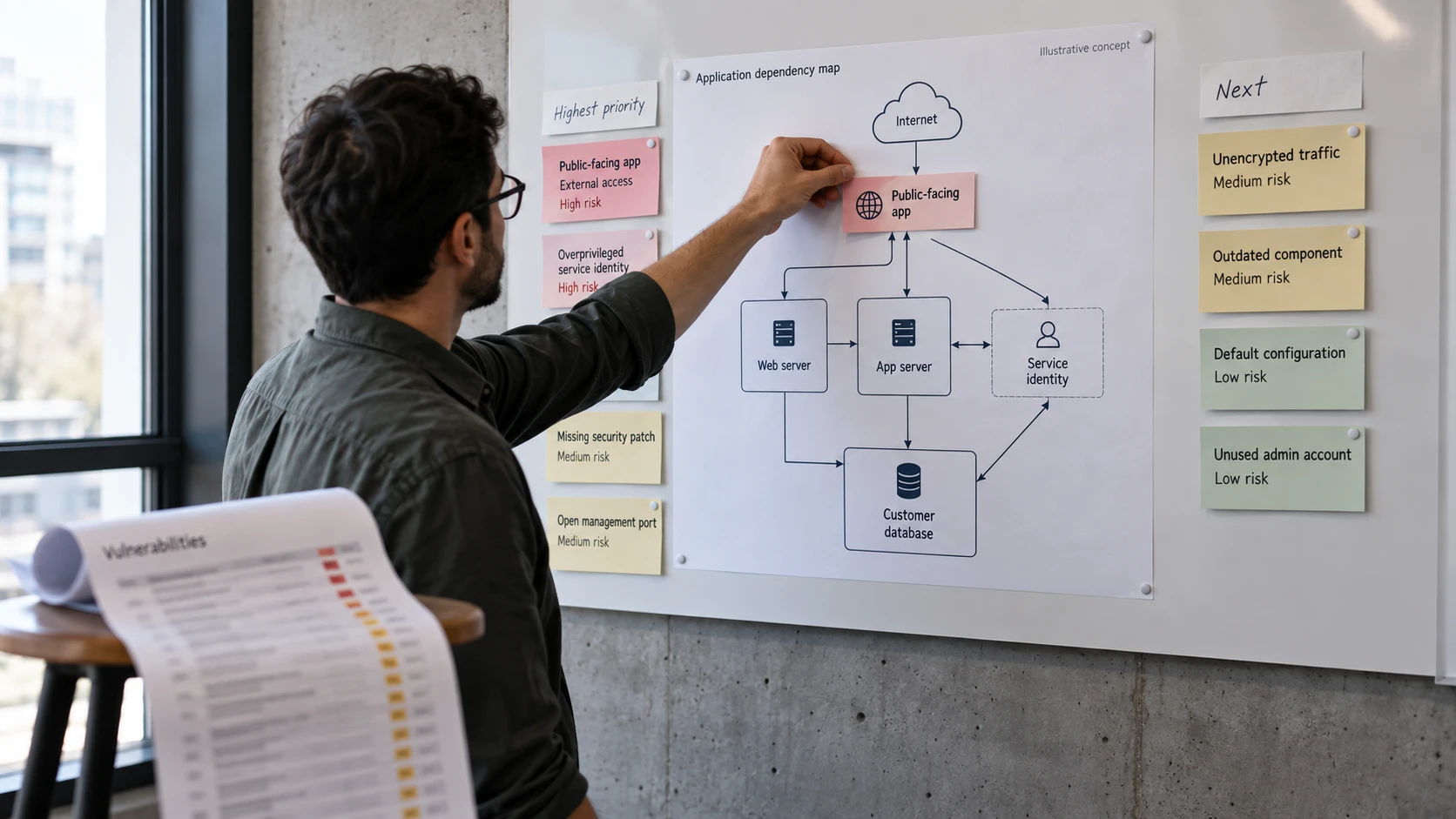 AI-generated illustration: Security lead prioritizing connected exposure paths on a planning wall.