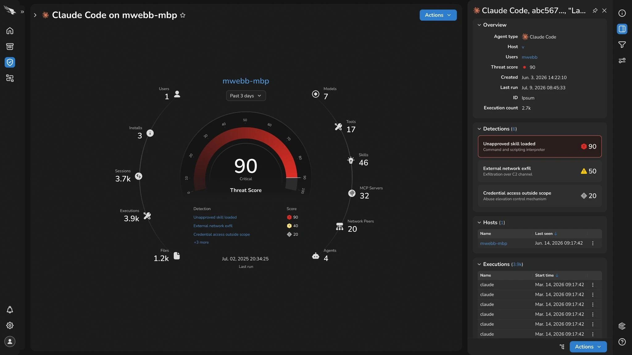 Detaljvisning for Claude Code on mwebb-mbp med Threat Score 90, merket Critical, samt tilknyttet bruker, vertsmaskin og deteksjoner.
