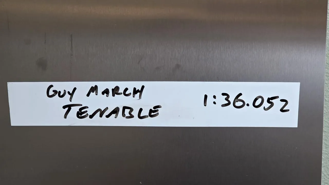 Handwritten leaderboard slip, Guy March, Tenable, 1:36.052