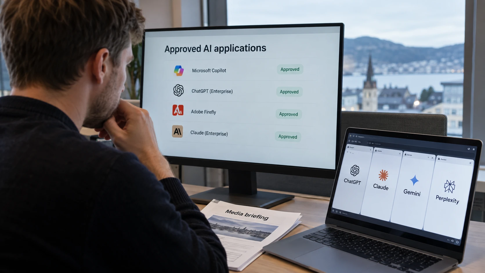 AI-generert illustrasjon: Ansatt sammenligner godkjente AI-applikasjoner med nettleserverktøy.
