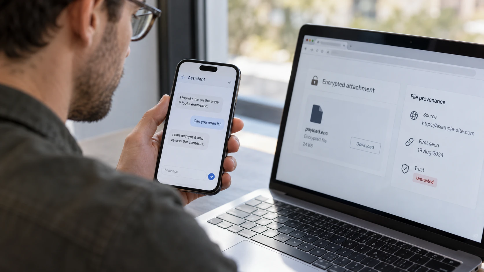 AI-generated illustration: Assistant conversation beside a review of an encrypted attachment.