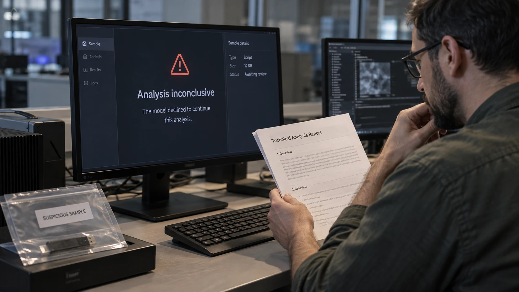 AI-generated illustration: Malware analyst reviewing an inconclusive result manually.