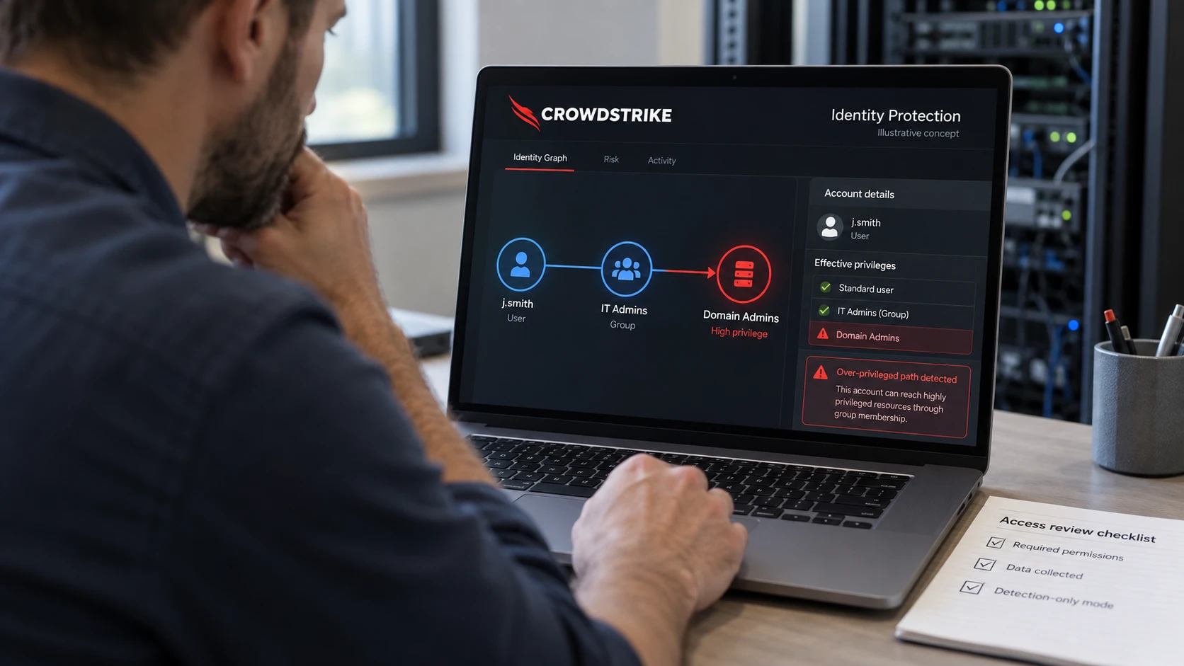 AI-generated illustration: CrowdStrike identity review concept showing privileged access paths.