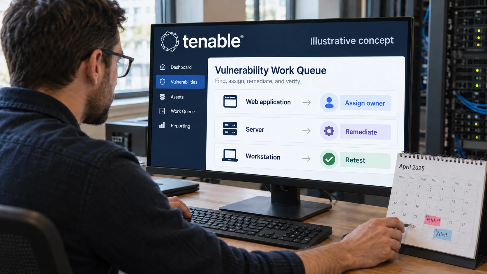 AI-generated illustration: Tenable concept connecting remediation tasks, owners and retesting.