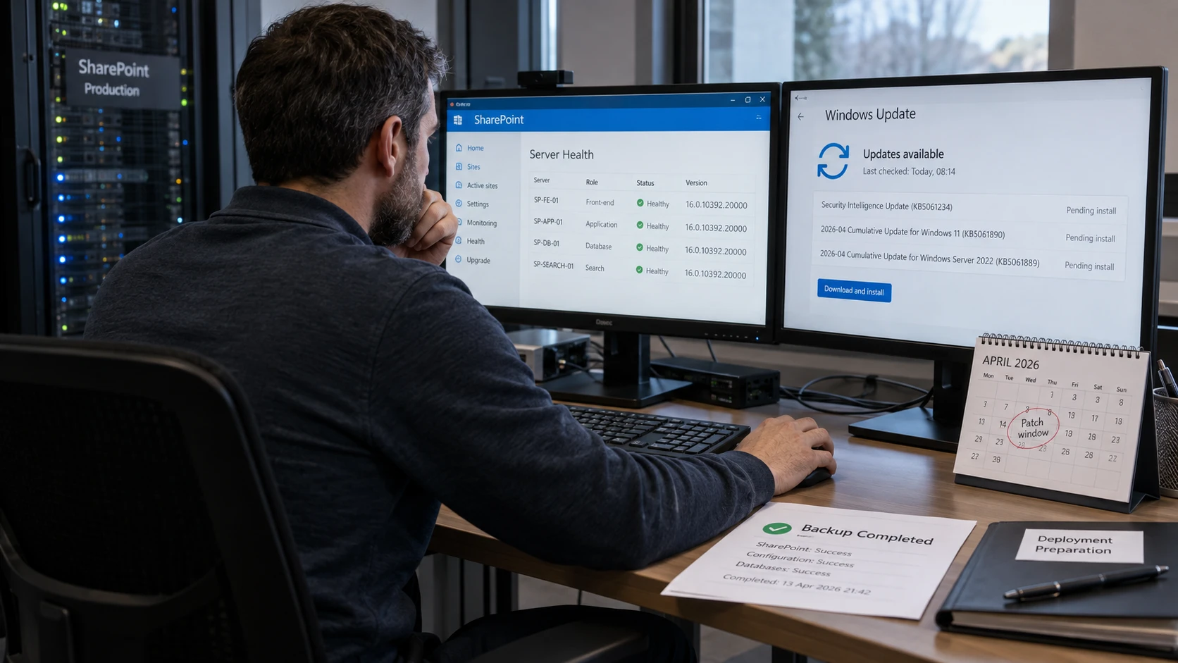 AI-generert illustrasjon: Tekniker forbereder et vedlikeholdsvindu for Windows og SharePoint.