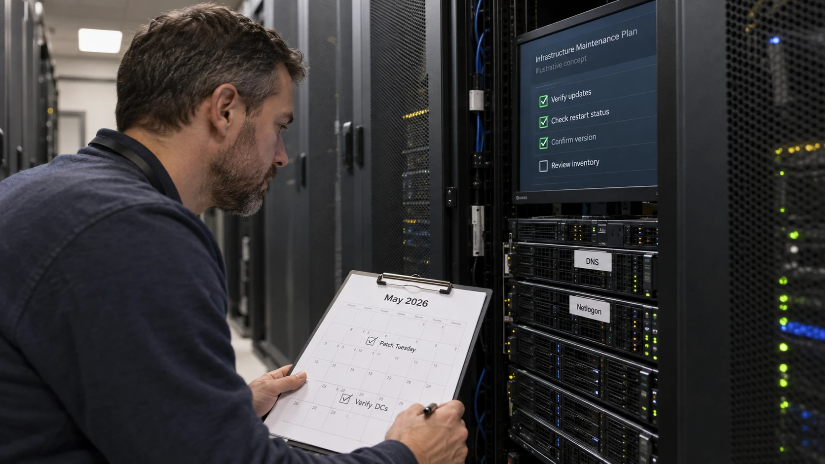 AI-generated illustration: Administrator checking a DNS and Netlogon maintenance plan.