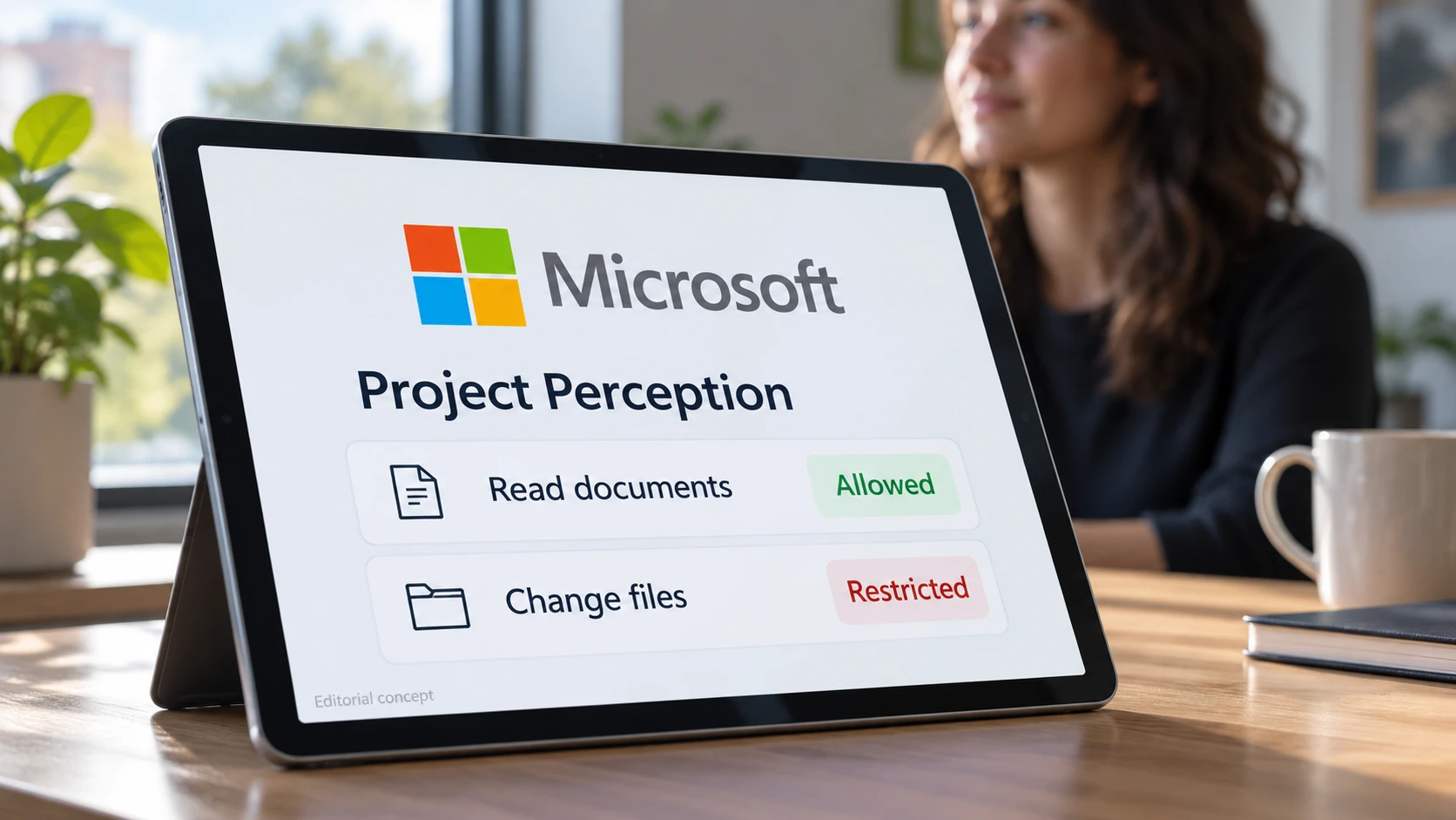 KI-generert illustrasjon av et nettbrett med Microsoft-logo og et konsept for Project Perception som skiller lesetilgang fra endring av filer.