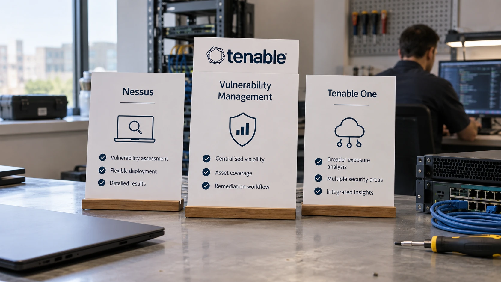 AI-generated illustration: Tenable architecture sheets comparing Nessus, vulnerability management and exposure.