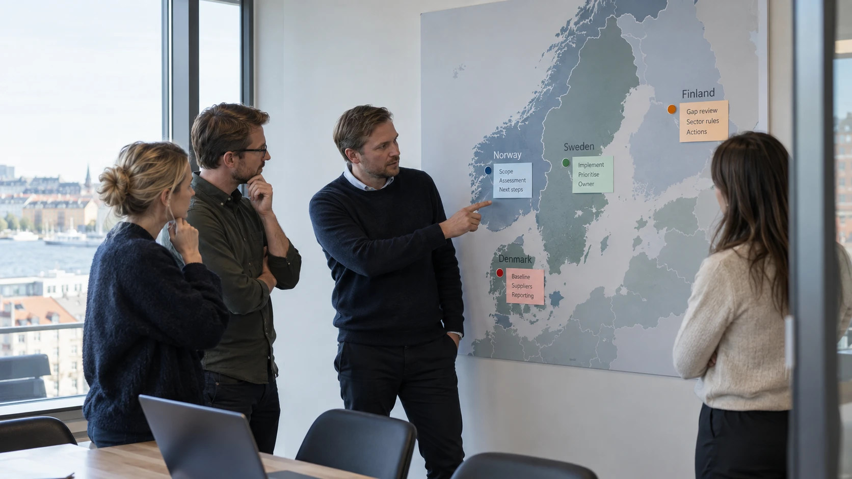 AI-generated illustration: Operations team reviewing separate Nordic country action plans.