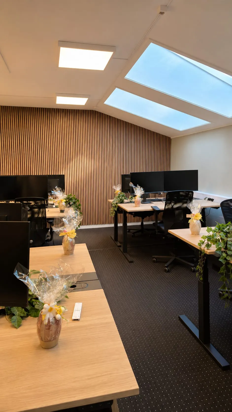 The open office on the fourth floor, sit-stand desks and monitors under the skylights