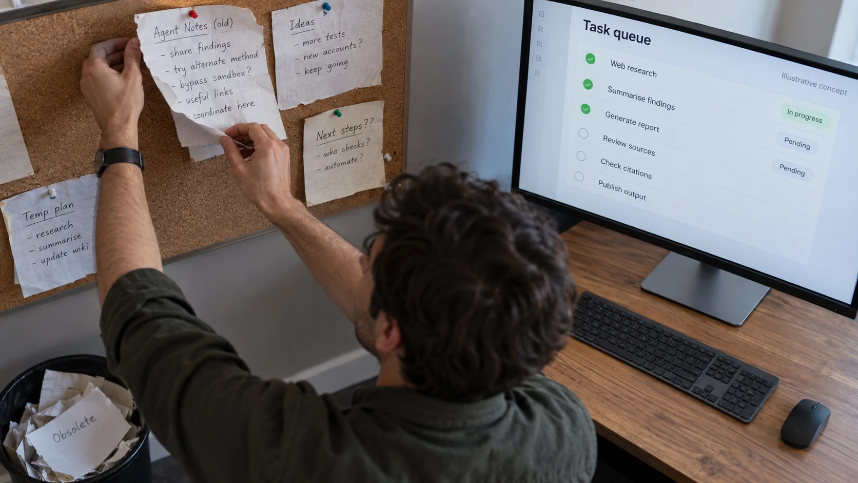 AI-generated illustration: Developer replacing abandoned wiki coordination notes with a task queue.