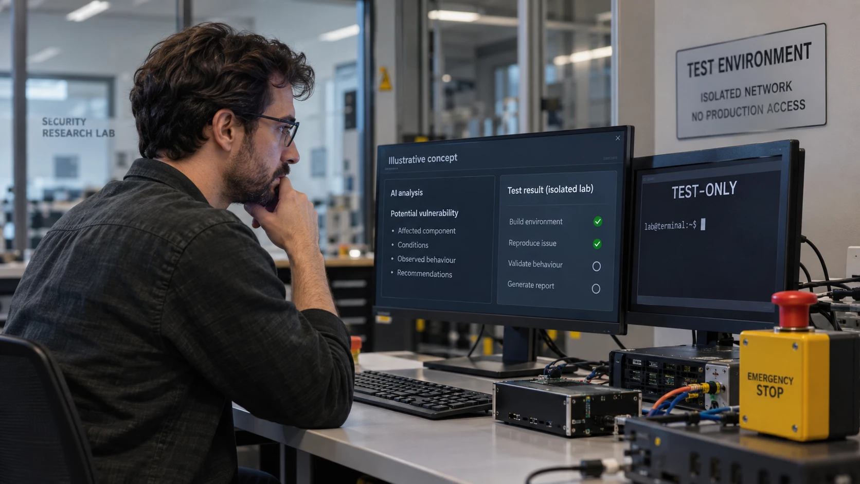 AI-generert illustrasjon: Sikkerhetsingeniør undersøker et AI-forslag i en isolert lab.
