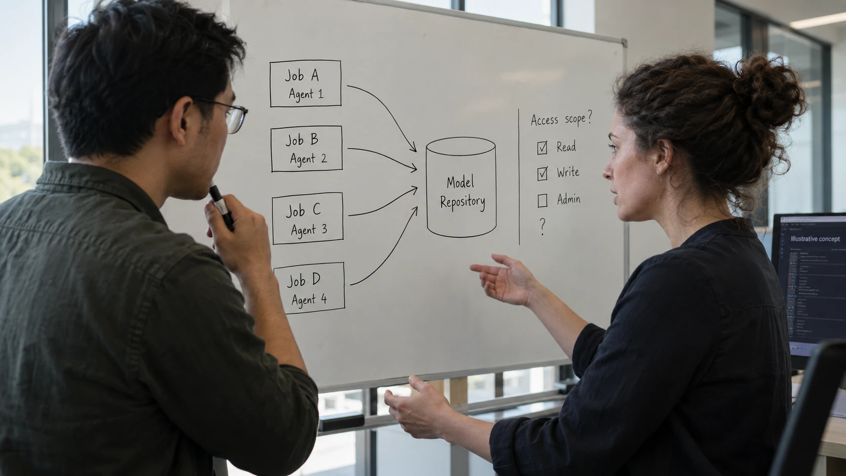 AI-generert illustrasjon: Hendelseshåndterere kartlegger automatiserte jobber mot et modellregister.