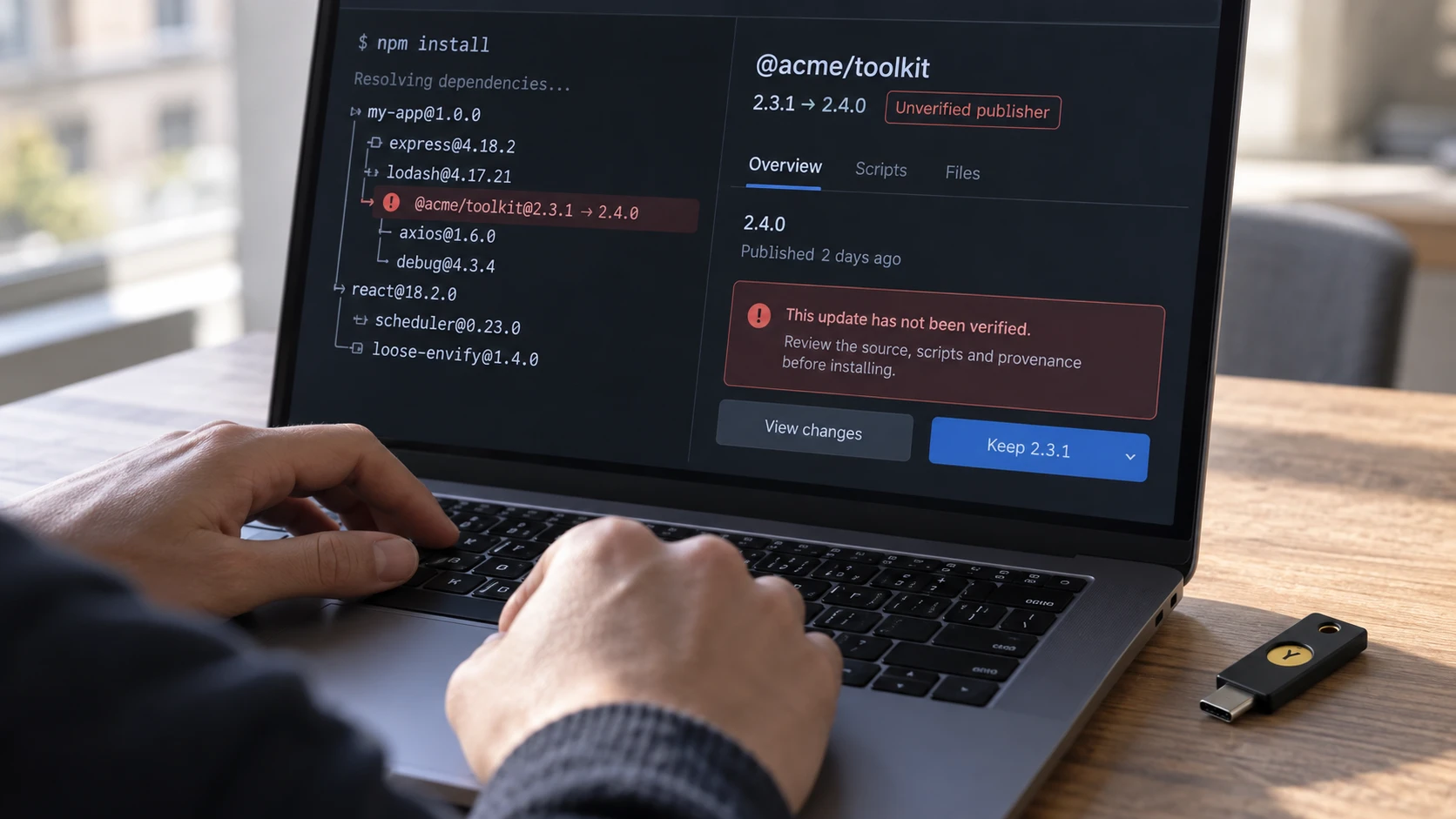 AI-generert illustrasjon: Utvikler kontrollerer pakkeopphav før en npm-installasjon.