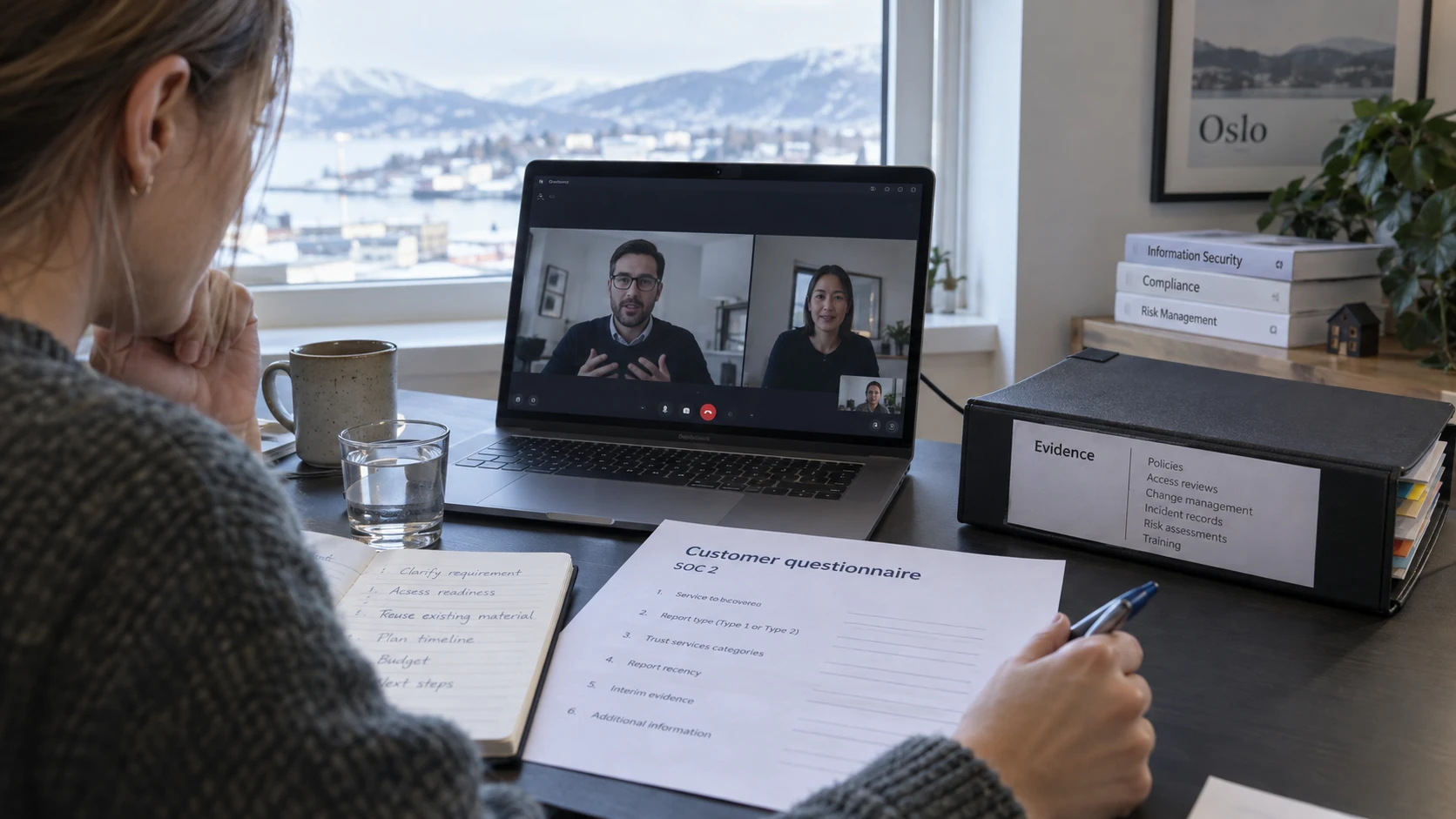 AI-generated illustration: Customer questionnaire and security evidence during a remote sales discussion.