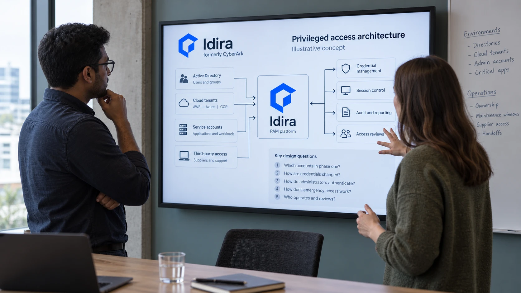 AI-generated illustration: Engineers discussing privileged access architecture with Idira reference material.