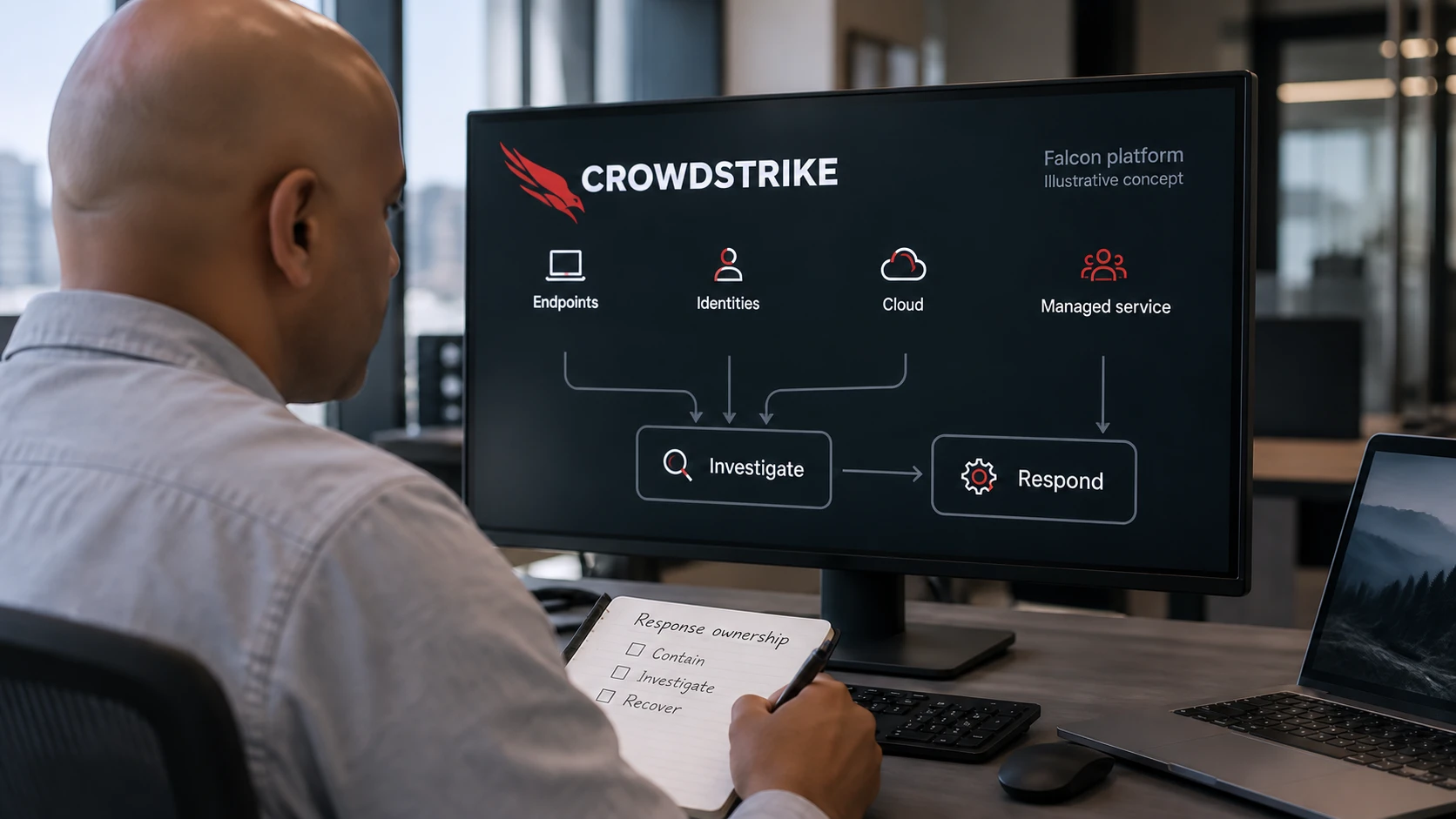 AI-generated illustration: CrowdStrike Falcon concept linking endpoints, investigation and response.