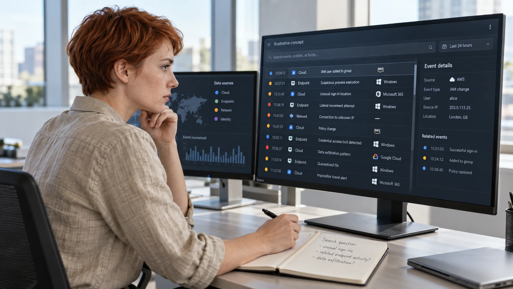 AI-generert illustrasjon: Analytiker vurderer en felles tidslinje for sky- og endepunkthendelser.