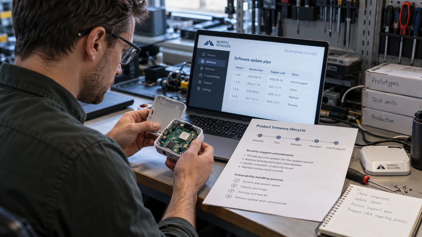 AI-generert illustrasjon: Produktingeniør undersøker en IoT-enhet og planen for programvarestøtte.