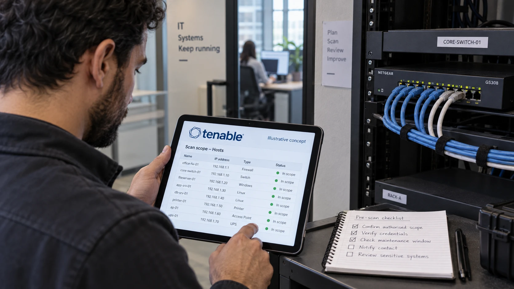 AI-generert illustrasjon: Tekniker lager en enhetsoversikt før sårbarhetsskanning.