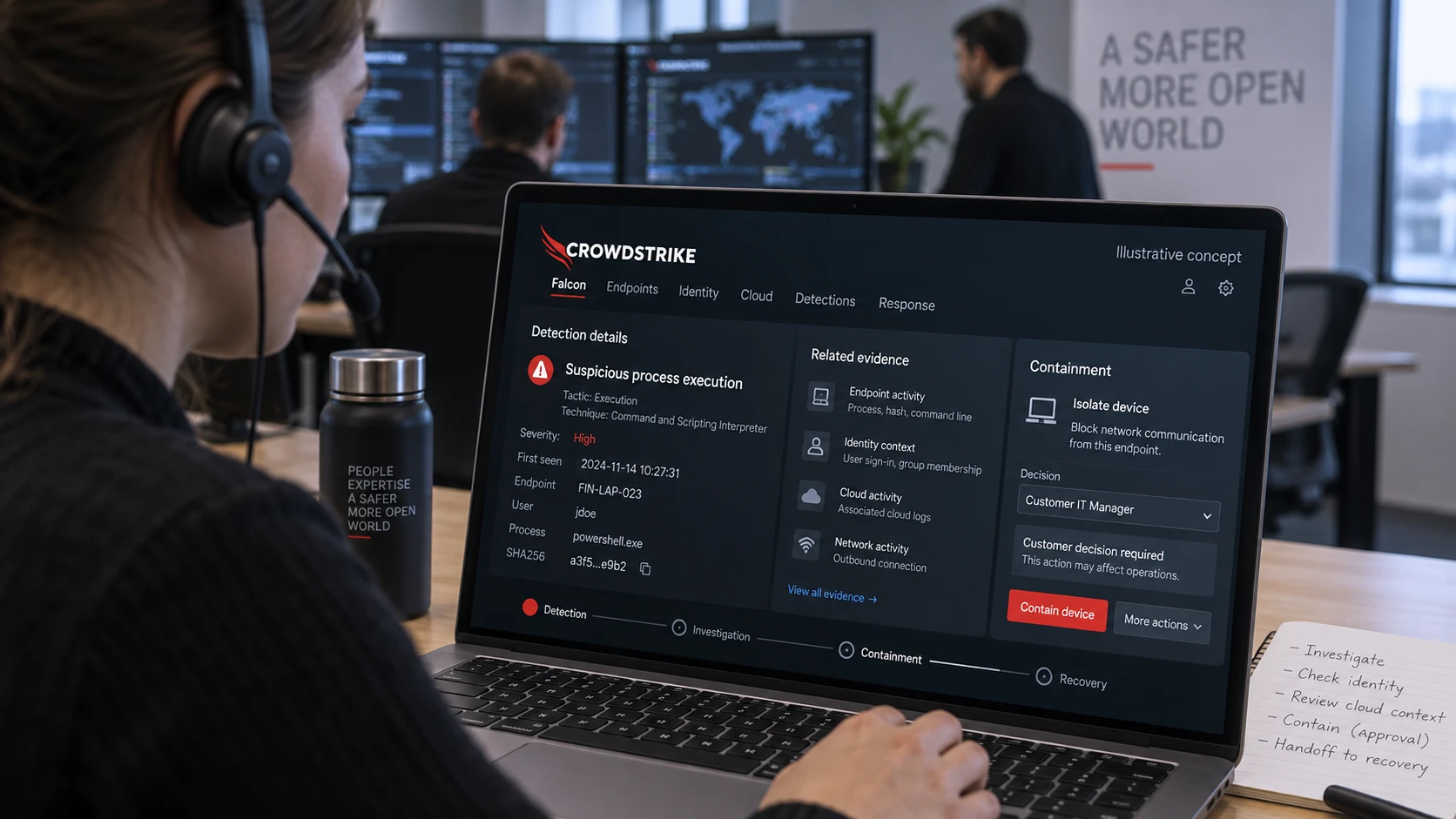 AI-generated illustration: CrowdStrike response concept connecting detection evidence to containment.